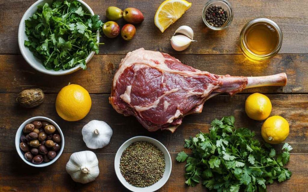 Ingrédients frais pour gigot d’agneau marocain : gigot d’agneau cru, citron, ail, olives, coriandre fraîche, poivre en grains, huile d’olive et épices, disposés sur une planche en bois rustique.
