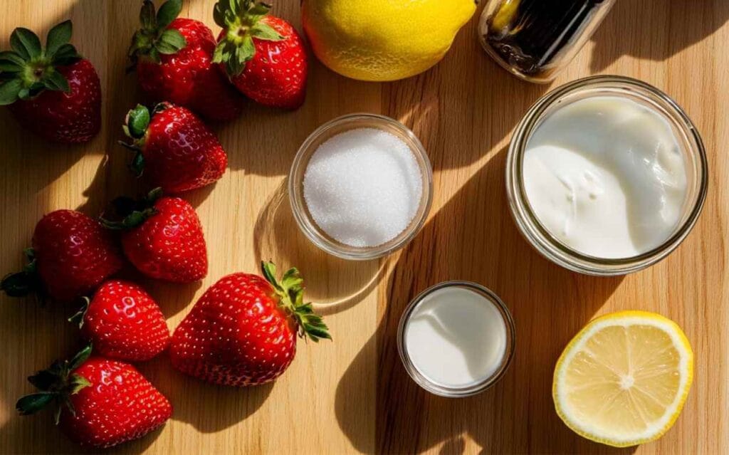 Ingrédients frais pour glace fraise maison sur planche en bois : fraises, sucre, yaourt nature, crème, citron entier et coupé, extrait de vanille.