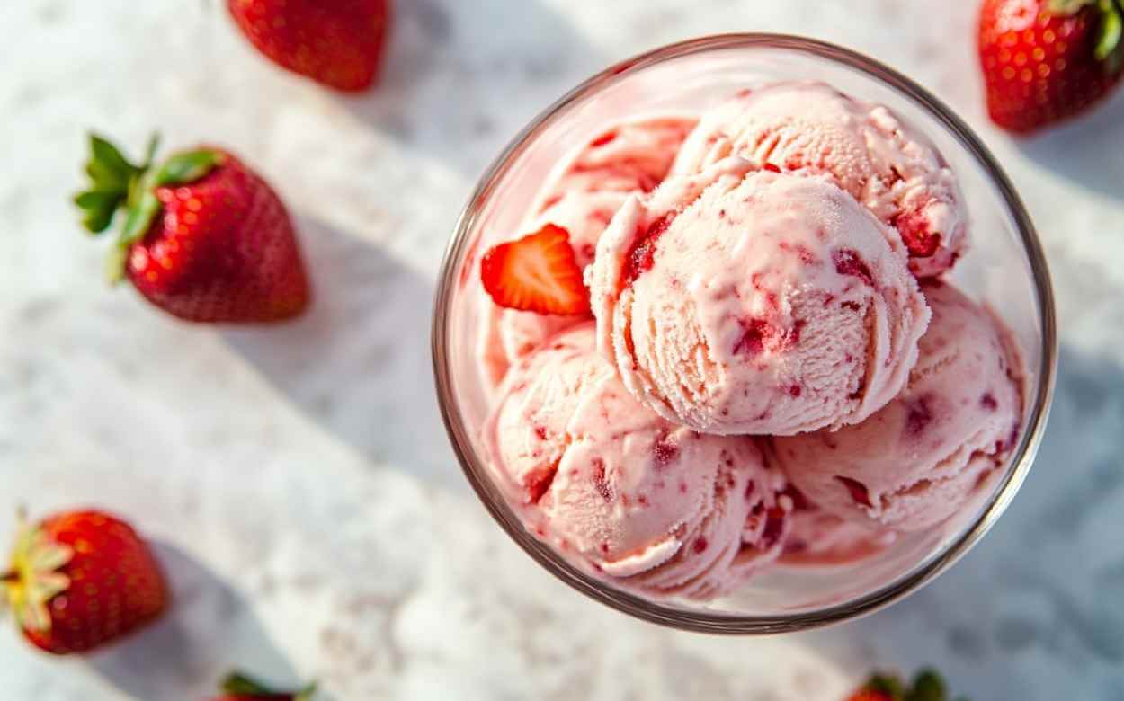 Boules de glace maison à la fraise dans une coupe en verre, entourées de fraises fraîches, vue de dessus, éclairage naturel.