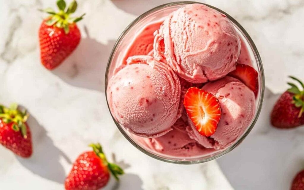 Boules de glace à la fraise maison dans une coupe en verre, garnies de fraises fraîches, vue de dessus, éclairage naturel.
