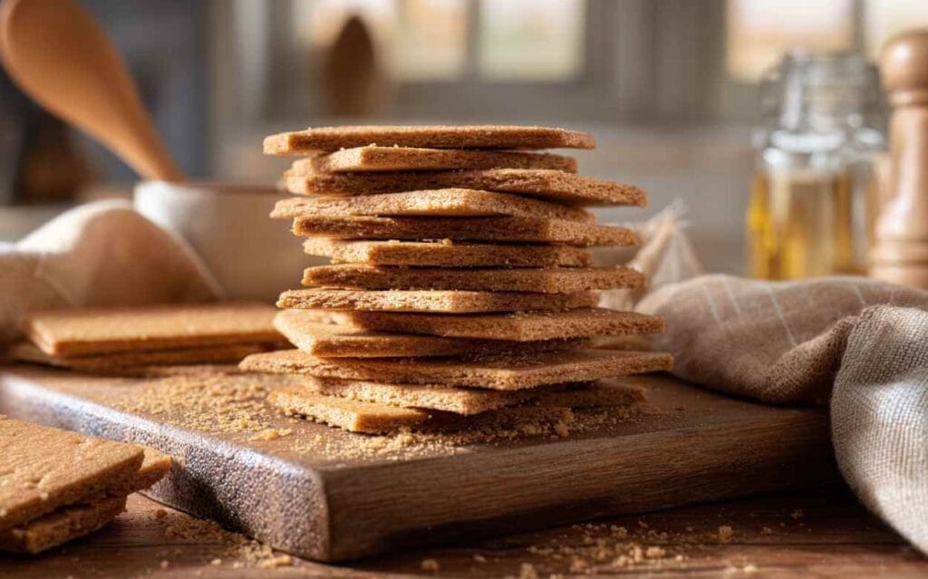 Photo prise de dessus montrant une pile de biscuits Graham carrés, dorés et croustillants, posés sur une planche en bois avec quelques miettes éparpillées, dans un décor de cuisine rustique et lumineux.