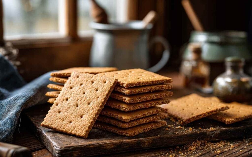 Vue rapprochée d’une pile de Graham Crackers carrés et généreusement épais, posés sur une planche en bois foncé, avec des miettes éparpillées et un arrière-plan flou de poteries et d’ustensiles de cuisine en bois.