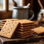 Vue rapprochée d’une pile de Graham Crackers carrés et généreusement épais, posés sur une planche en bois foncé, avec des miettes éparpillées et un arrière-plan flou de poteries et d’ustensiles de cuisine en bois.