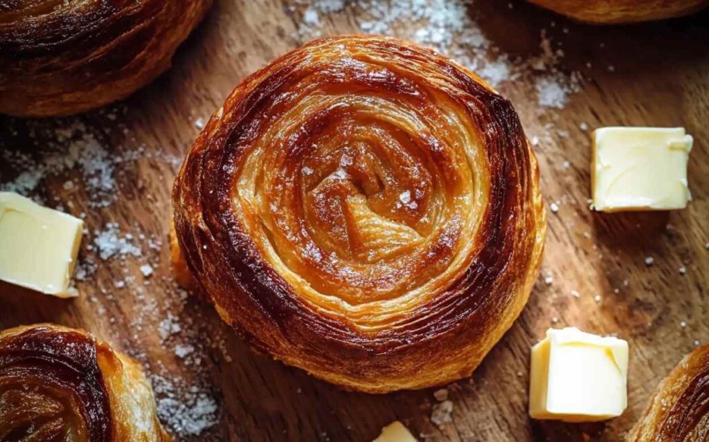 Gros plan sur un Kouign Amann croustillant et caramélisé, entouré de morceaux de beurre et de cristaux de sucre sur une planche en bois.