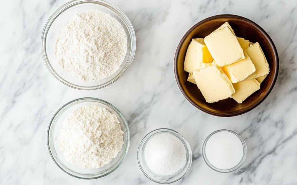 Ingrédients pour Kouign Amann disposés dans des bols en verre et en bois sur un plan de travail en marbre : farine, beurre, sucre en poudre et sel.