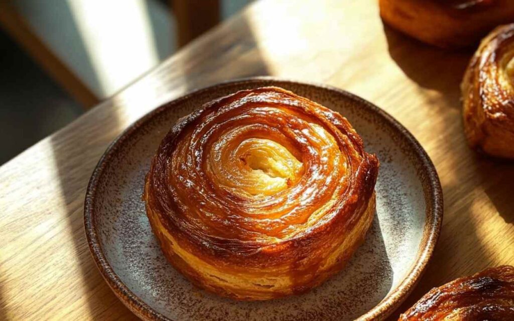 Kouign Amann doré et caramélisé posé sur une assiette en céramique, photographié en lumière naturelle sur une table en bois.