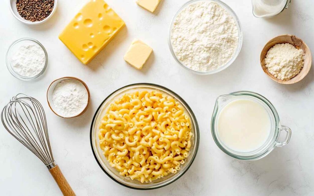 Ingrédients du Mac and Cheese disposés sur un plan de travail blanc : macaroni cru, cheddar, beurre, farine, lait, épices et fouet.