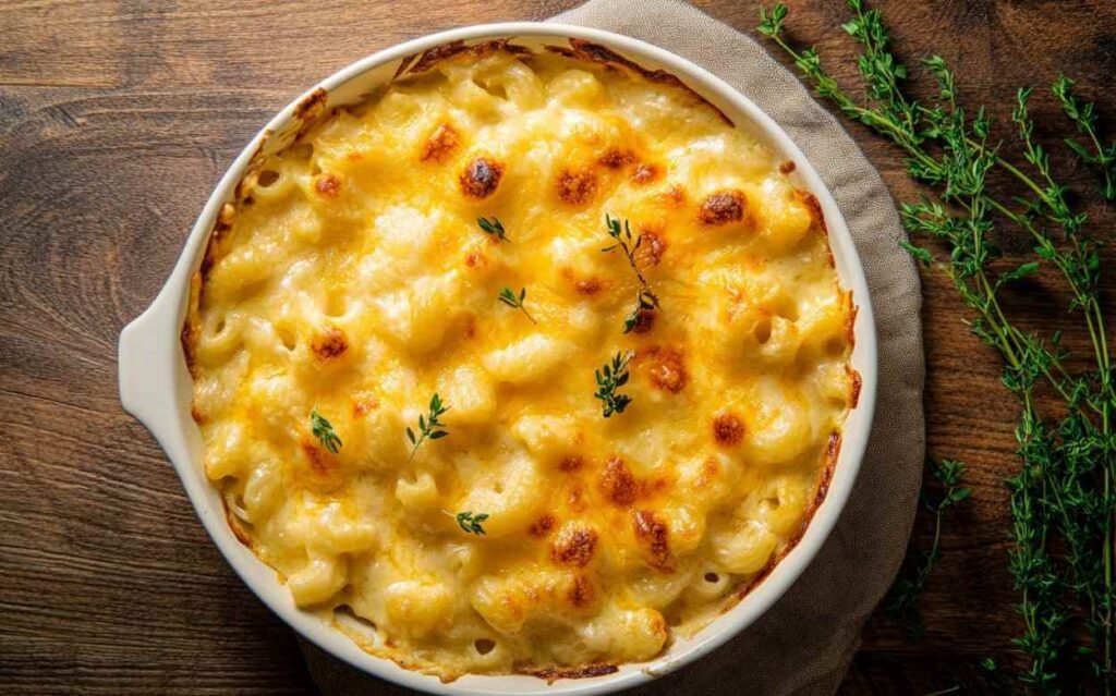 Gratin de macaronis au fromage doré avec des herbes fraîches, présenté dans un plat blanc sur une table en bois.