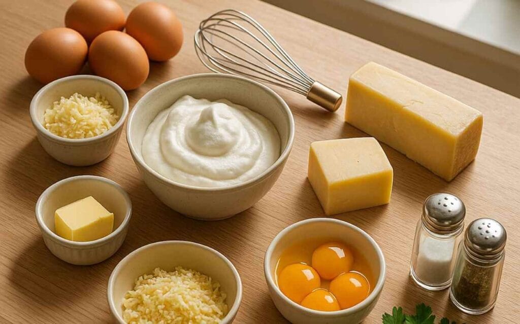 Vue de haut des ingrédients frais pour une omelette soufflée : œufs entiers, blancs d’œufs montés en neige, beurre, fromage râpé, fromage en bloc, sel, poivre et herbes fraîches sur un plan de travail en bois clair.
