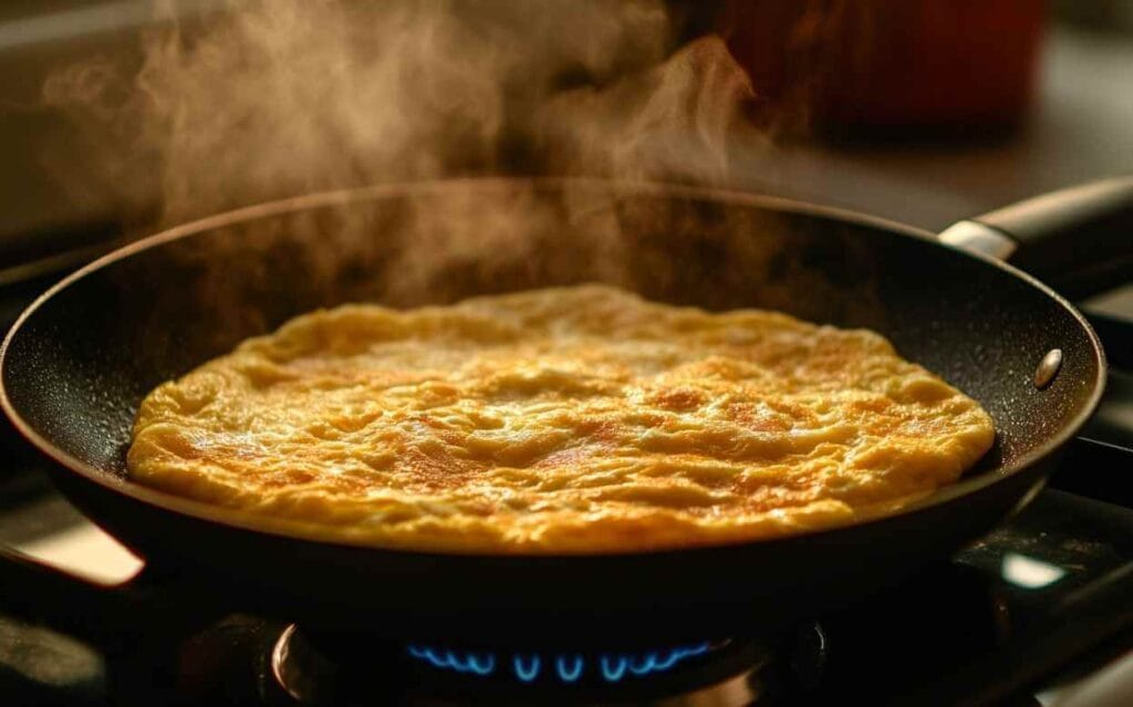 Omelette soufflée dorée en train de cuire dans une poêle noire sur une plaque à gaz, avec de la vapeur s’échappant.