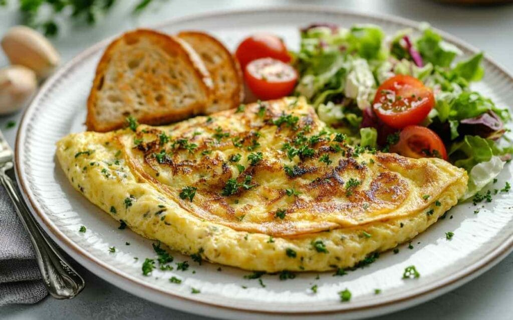Omelette soufflée dorée garnie de persil frais, servie avec salade verte et tomates cerises, accompagnée de tranches de pain grillé.