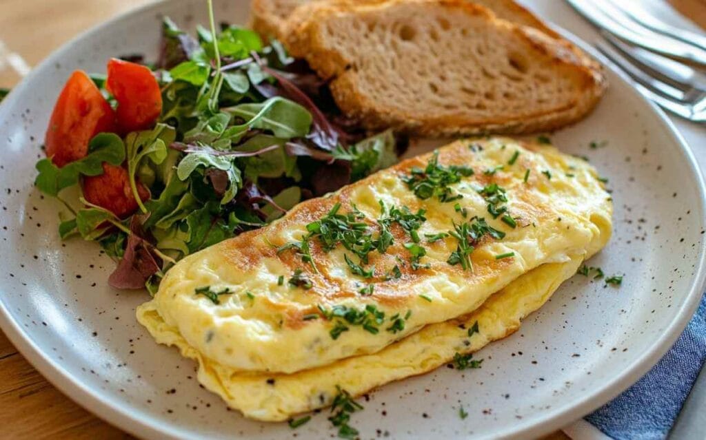 Omelette soufflée dorée garnie d’herbes fraîches, servie avec une salade verte, tomates cerises et deux tranches de pain grillé sur une assiette blanche à pois noirs.