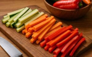 Préparation des légumes croquants : courgettes, carottes et poivrons rouges finement découpés.