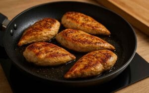 Blancs de poulet dorés en cuisson dans une poêle noire sur une plaque chauffante.