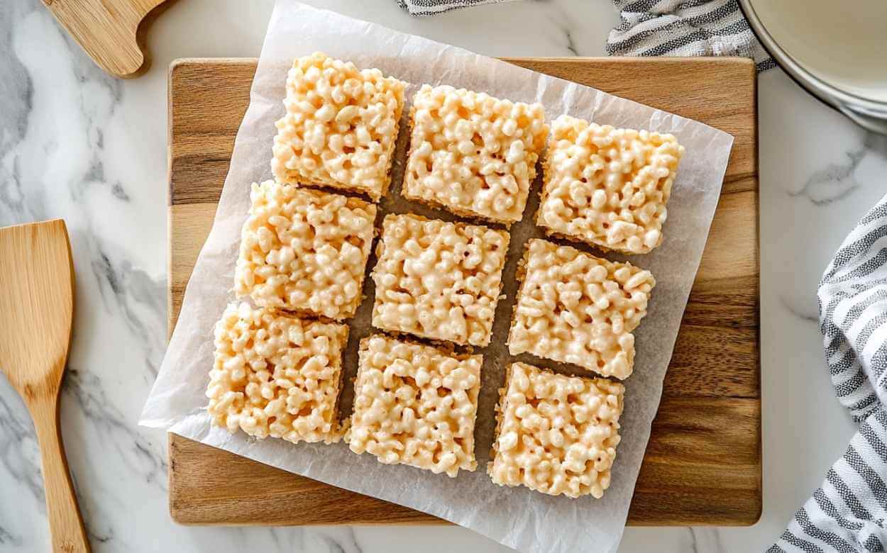Barres de Rice Krispies maison coupées en carrés, présentées sur une planche en bois recouverte de papier sulfurisé, vue de dessus.