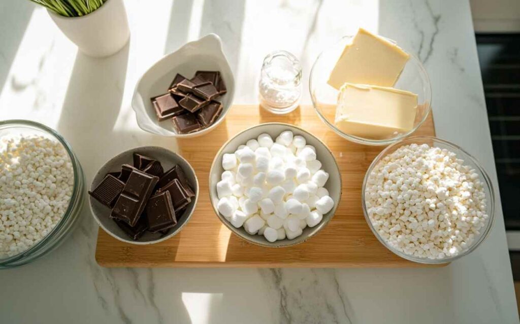 Ingrédients pour la recette Rice Krispies disposés sur une planche en bois dans une cuisine ensoleillée, incluant chocolat, guimauves, beurre, et riz soufflé.