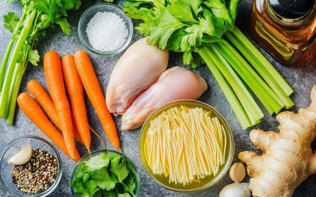 Ingrédients frais pour soupe poulet et nouilles disposés sur un plan de travail : carottes, céleri, blanc de poulet, nouilles crues, gingembre, ail, coriandre, poivre en grains, sel et huile.