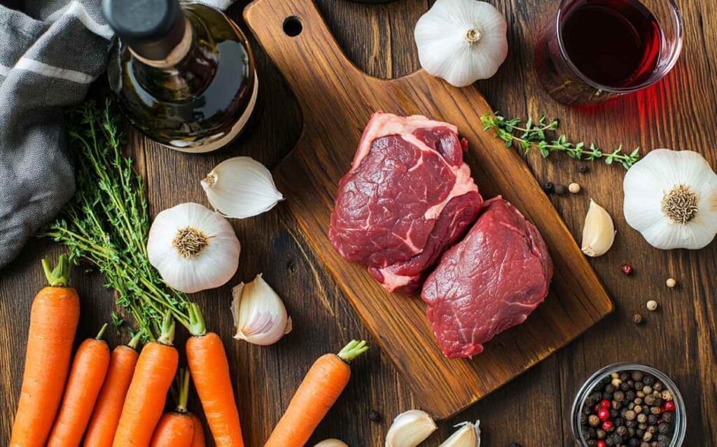 Ingrédients frais pour bœuf braisé au vin rouge : morceaux de viande de bœuf, carottes, gousses d’ail, thym, poivre en grains, bouteille et verre de vin rouge, sur une planche en bois.