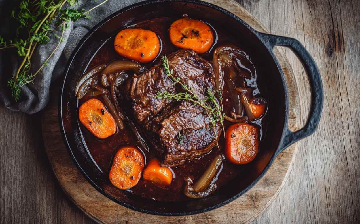 Bœuf braisé tendre dans une cocotte en fonte avec sauce au vin rouge, carottes et oignons, garni de thym frais.