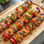 Brochettes de poulet grillées avec poivrons rouges, verts et jaunes, et oignons rouges, posées sur une planche en bois dans une cuisine moderne.