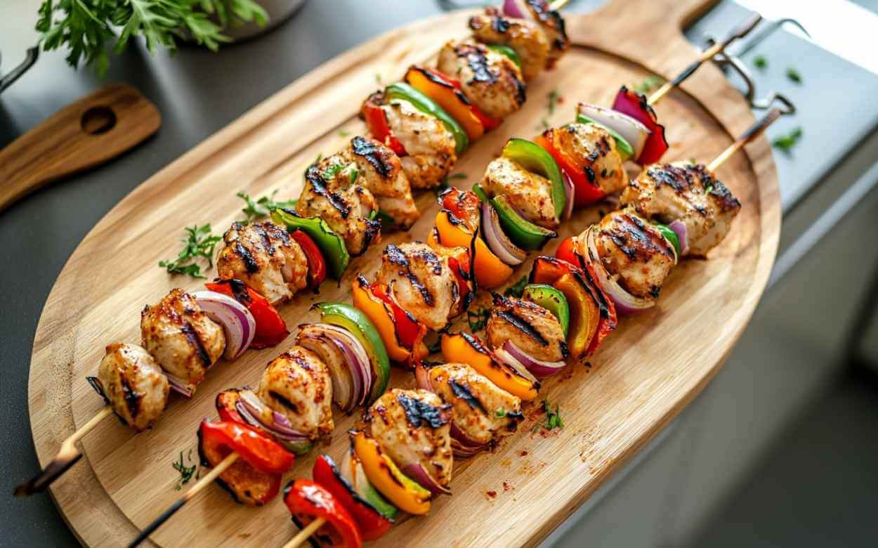 Brochettes de poulet grillées avec poivrons rouges, verts et jaunes, et oignons rouges, posées sur une planche en bois dans une cuisine moderne.