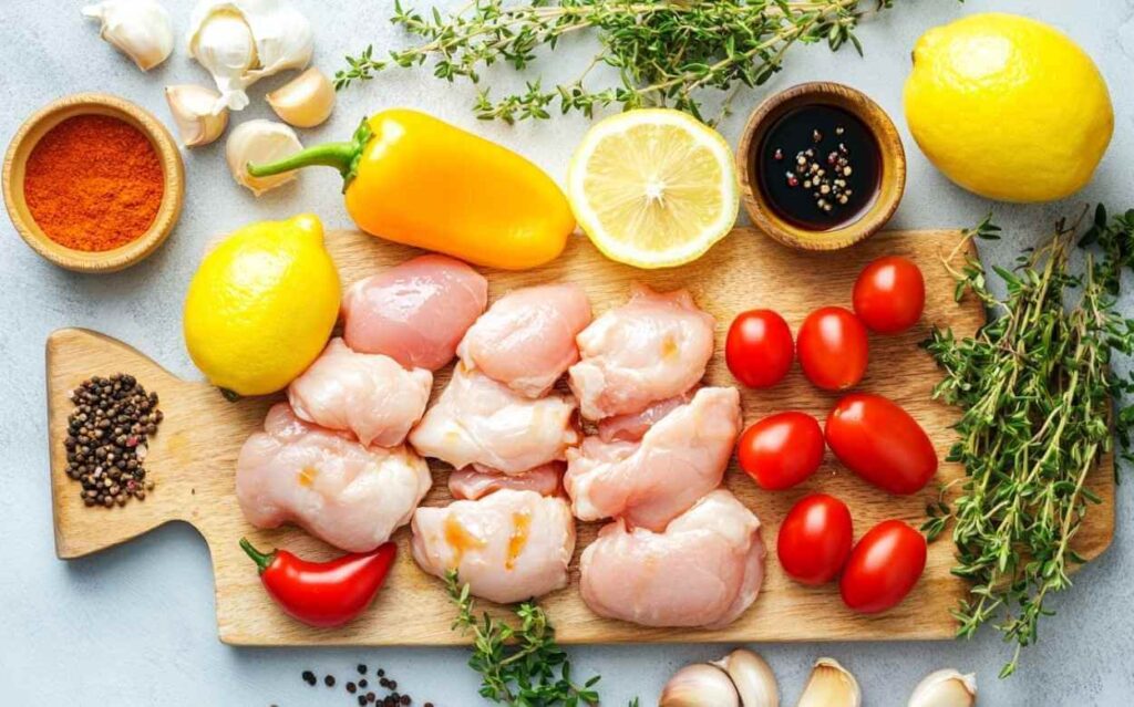 Ingrédients frais pour brochettes de poulet sur une planche en bois : morceaux de poulet cru, tomates cerises, poivron jaune, citron, ail, thym, poivre en grains, poudre de paprika et sauce soja dans un petit bol.