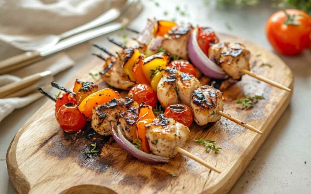 Brochettes de poulet grillées avec tomates cerises, poivrons jaunes et oignons rouges, présentées sur une planche en bois dans une ambiance de cuisine lumineuse.