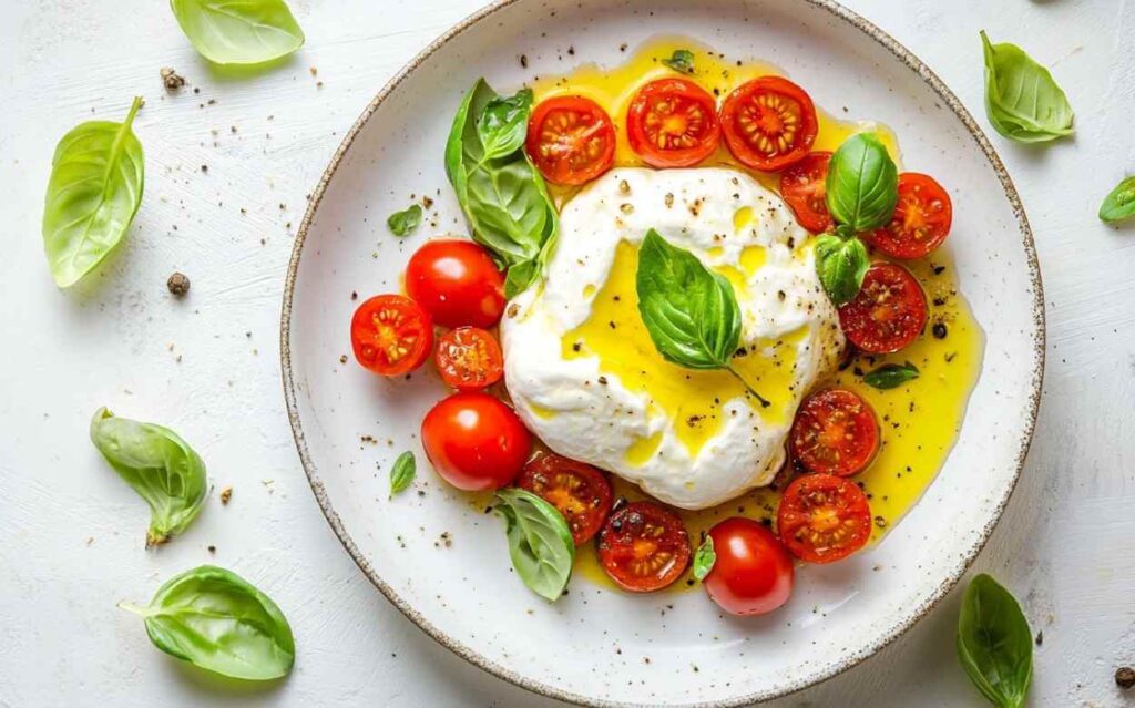 Burrata fraîche nappée d’huile d’olive, entourée de tomates cerises coupées en deux et de feuilles de basilic frais, assaisonnée de poivre noir, présentée dans une assiette blanche sur un fond clair.