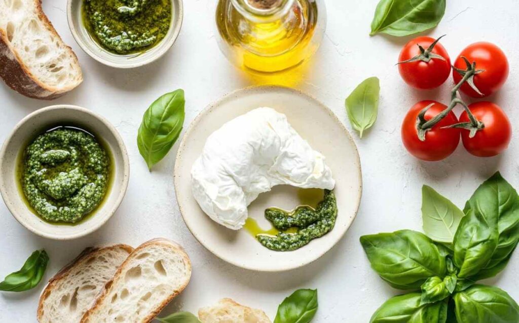 Burrata fraîche sur une petite assiette avec une cuillerée de pesto vert, entourée de tranches de pain ciabatta, tomates cerises sur branche, feuilles de basilic frais et une bouteille d’huile d’olive, le tout disposé sur une surface claire.