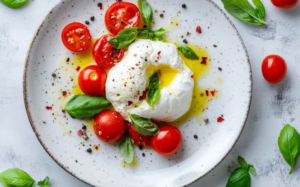 Burrata crémeuse accompagnée de tomates cerises entières et coupées, agrémentée de feuilles de basilic frais, poivre noir concassé, et huile d’olive, présentée sur une assiette blanche avec un fond clair.