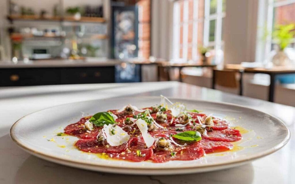 Carpaccio de bœuf finement tranché sur une grande assiette blanche, garni de copeaux de parmesan, câpres, feuilles de basilic et huile d’olive, posé sur un plan de travail en marbre dans une cuisine moderne lumineuse avec de grandes fenêtres.