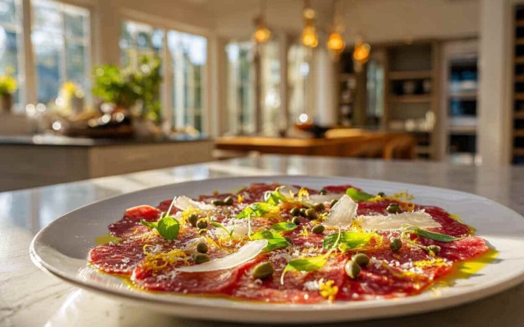 Carpaccio de bœuf finement tranché, décoré de câpres, copeaux de parmesan, zestes de citron et feuilles de basilic, présenté dans une assiette blanche sur un plan de travail en marbre, avec une cuisine moderne et lumineuse en arrière-plan.