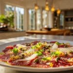 Carpaccio de bœuf finement tranché, décoré de câpres, copeaux de parmesan, zestes de citron et feuilles de basilic, présenté dans une assiette blanche sur un plan de travail en marbre, avec une cuisine moderne et lumineuse en arrière-plan.