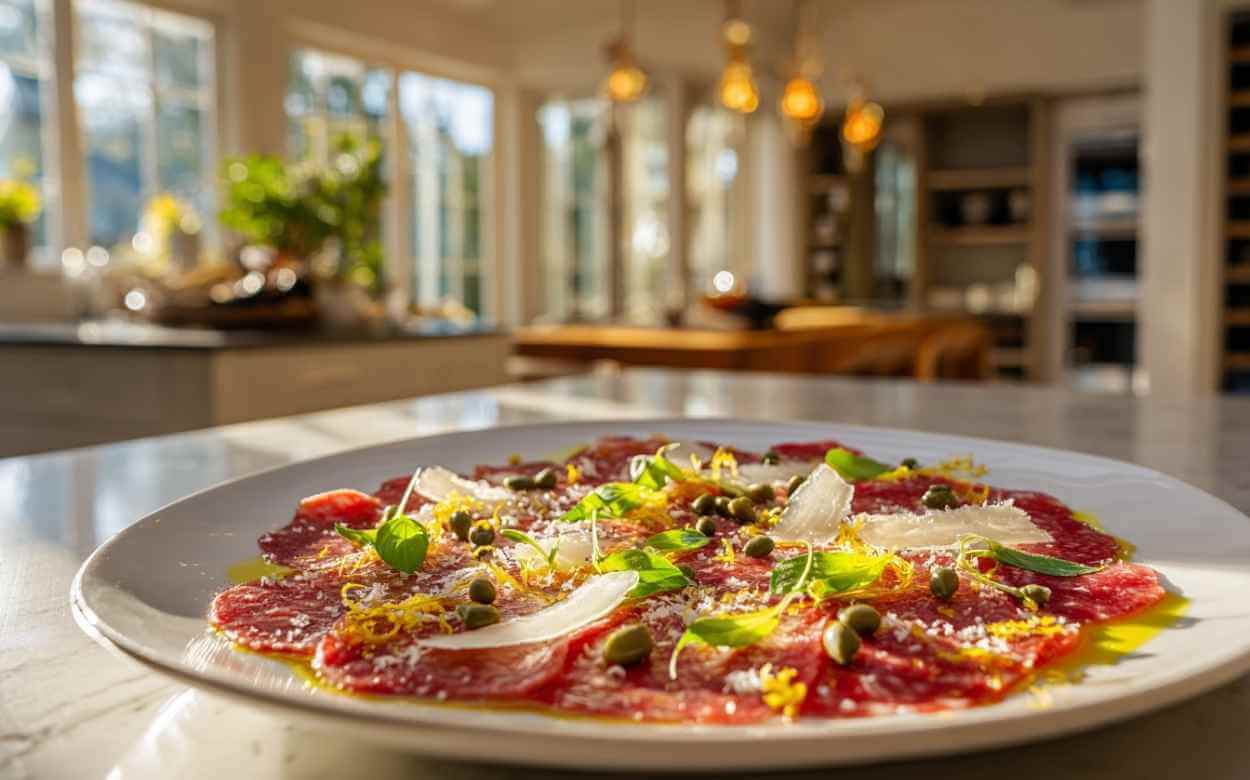 Carpaccio de bœuf finement tranché, décoré de câpres, copeaux de parmesan, zestes de citron et feuilles de basilic, présenté dans une assiette blanche sur un plan de travail en marbre, avec une cuisine moderne et lumineuse en arrière-plan.