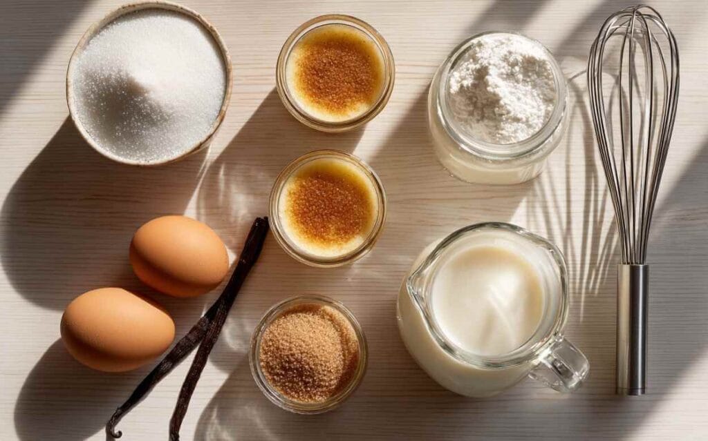 Ingrédients pour crème brûlée disposés sur une table claire : deux œufs, gousses de vanille, bol de sucre blanc, bol de cassonade, deux petits ramequins avec caramel caramélisé, pot de crème fraîche et un fouet métallique.