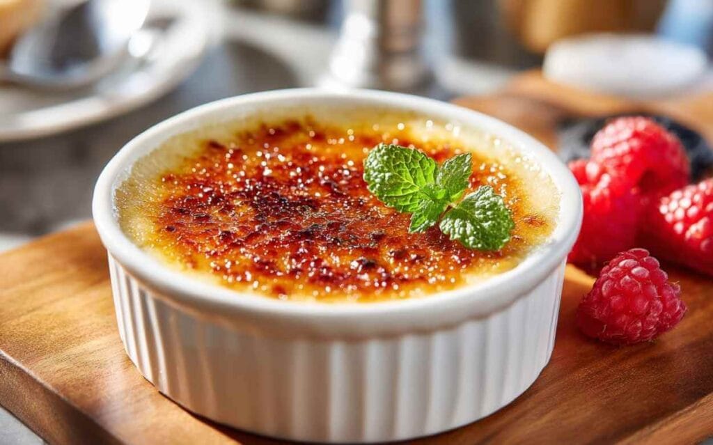Crème brûlée traditionnelle dans un ramequin blanc avec une surface caramélisée dorée, décorée d'une feuille de menthe, accompagnée de framboises fraîches sur une planche en bois.