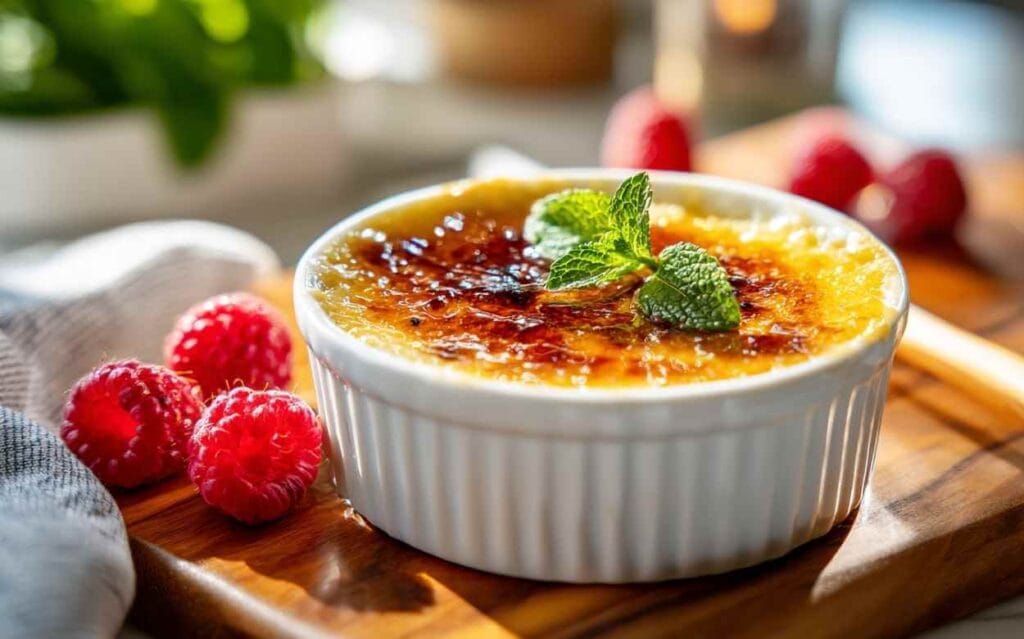 Crème brûlée servie dans un ramequin blanc avec une surface caramélisée brillante, garnie d’une feuille de menthe fraîche, accompagnée de framboises rouges posées à côté sur une planche en bois, avec une lumière naturelle chaleureuse.