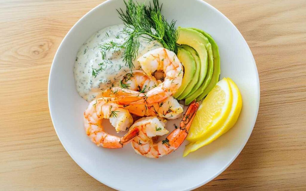 Assiette blanche contenant des crevettes nordiques garnies d’aneth frais, accompagnées de tranches d’avocat, quartiers de citron et une sauce à la crème à l’aneth, sur un plan de travail en bois clair.