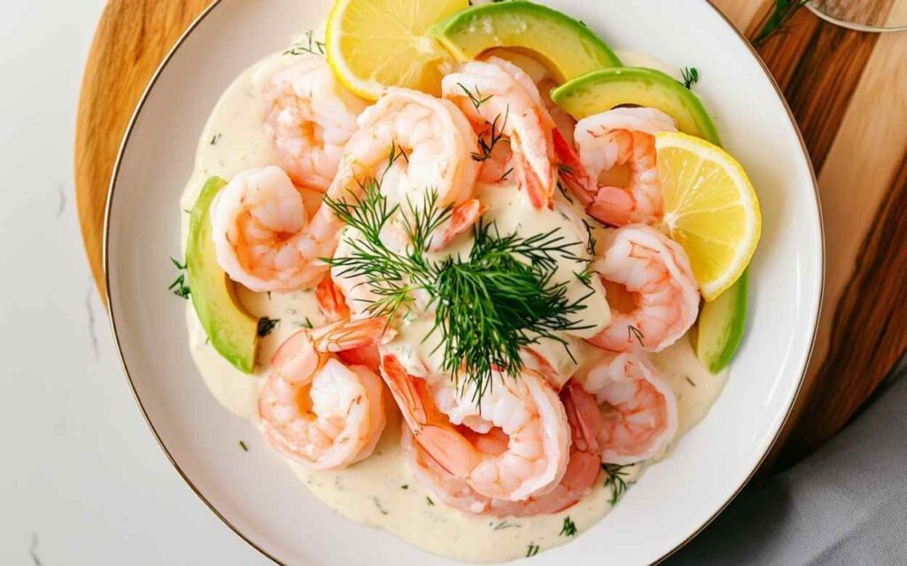 Assiette de crevettes nordiques nappées d’une sauce crémeuse à l’aneth, accompagnées de tranches d’avocat et de citron, présentées sur une assiette blanche avec un fond en bois clair.