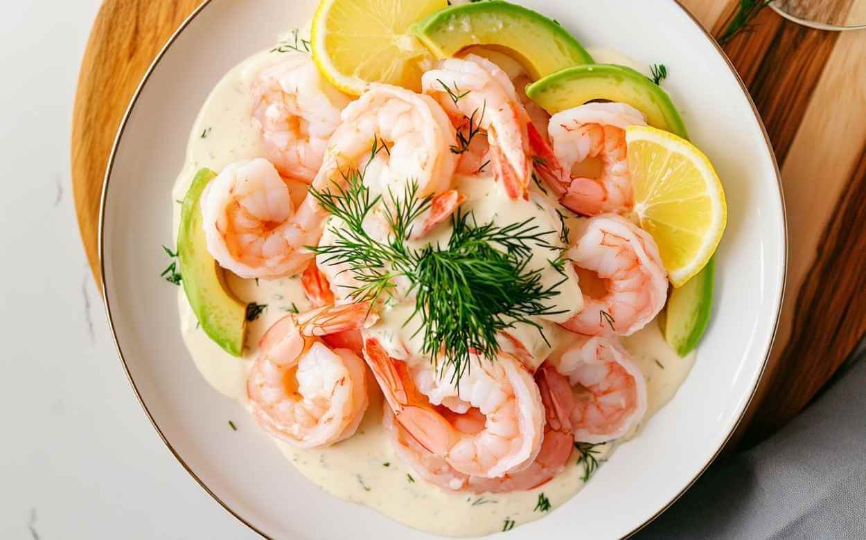 Assiette de crevettes nordiques nappées d’une sauce crémeuse à l’aneth, accompagnées de tranches d’avocat et de citron, présentées sur une assiette blanche avec un fond en bois clair.