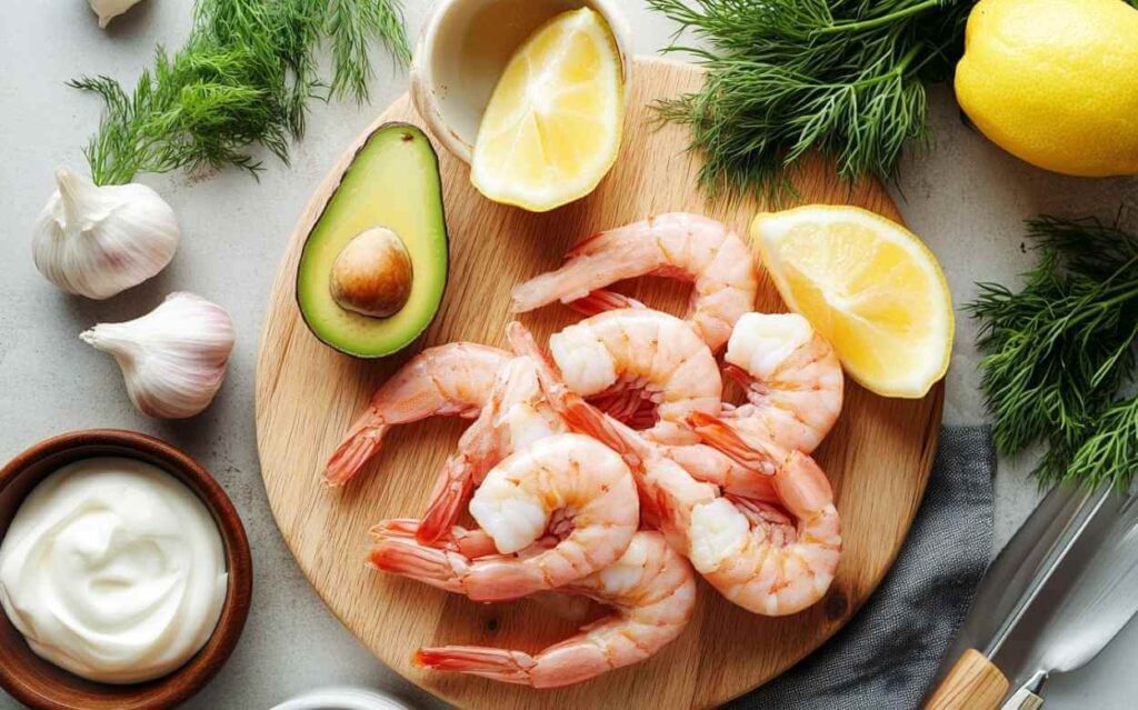 Planche en bois avec crevettes nordiques décortiquées, moitié d’avocat, quartiers de citron, ail frais, aneth, et une petite coupelle de sauce blanche, sur un plan de travail clair.