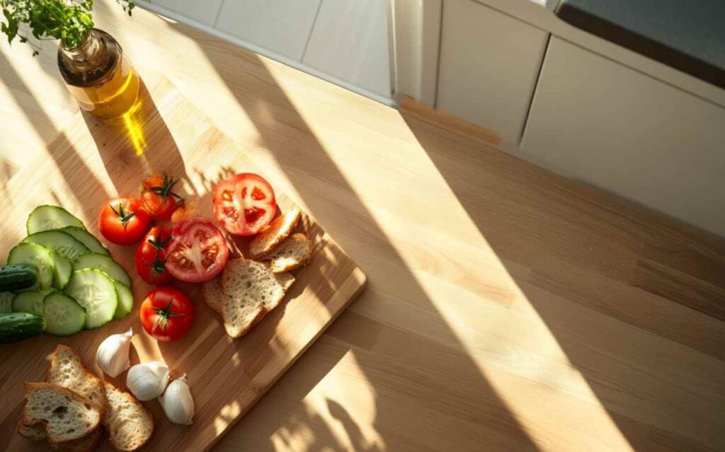 Planche à découper en bois avec tomates, concombre tranché, gousses d’ail, tranches de pain et bouteille d’huile d’olive sous une lumière naturelle dans une cuisine moderne.