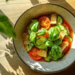 Bol de gaspacho frais avec tranches de concombre, tomates cerises, croûtons et feuilles de basilic, éclairé par la lumière naturelle dans une cuisine moderne.