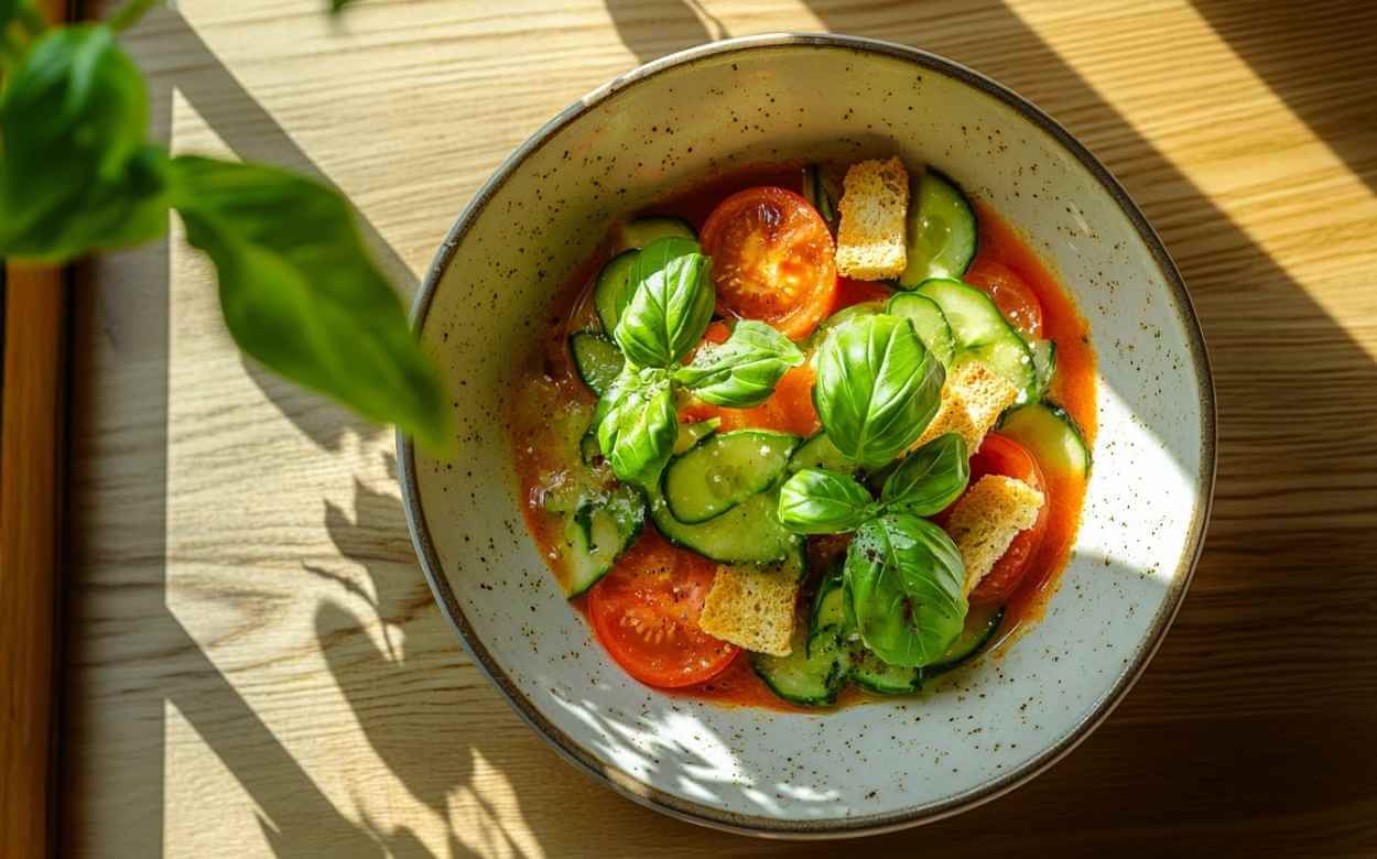 Bol de gaspacho frais avec tranches de concombre, tomates cerises, croûtons et feuilles de basilic, éclairé par la lumière naturelle dans une cuisine moderne.