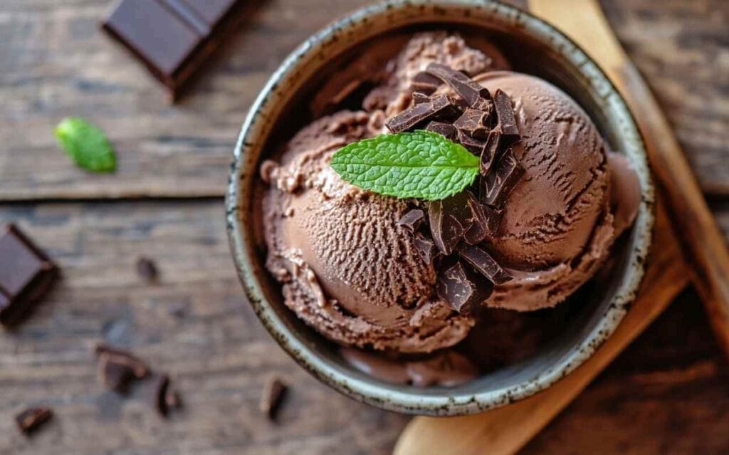 Boules de glace au chocolat décorées de copeaux de chocolat noir et d’une feuille de menthe, servies dans un bol en céramique, sur une table en bois rustique.