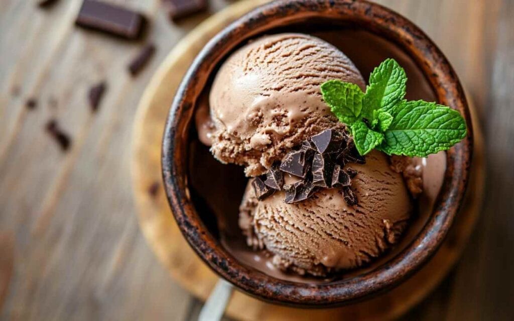 Deux boules de glace au chocolat dans un bol en céramique, garnies de copeaux de chocolat noir et décorées d’une branche de menthe fraîche, sur une table en bois rustique.