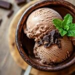 Deux boules de glace au chocolat dans un bol en céramique, garnies de copeaux de chocolat noir et décorées d’une branche de menthe fraîche, sur une table en bois rustique.