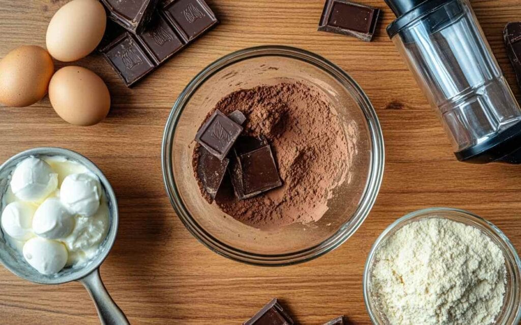 Ingrédients pour glace au chocolat disposés sur une table en bois : morceaux de chocolat noir, poudre de cacao dans un bol en verre, œufs, crème fraîche dans une petite casserole, et poudre d’amande, vus de dessus.