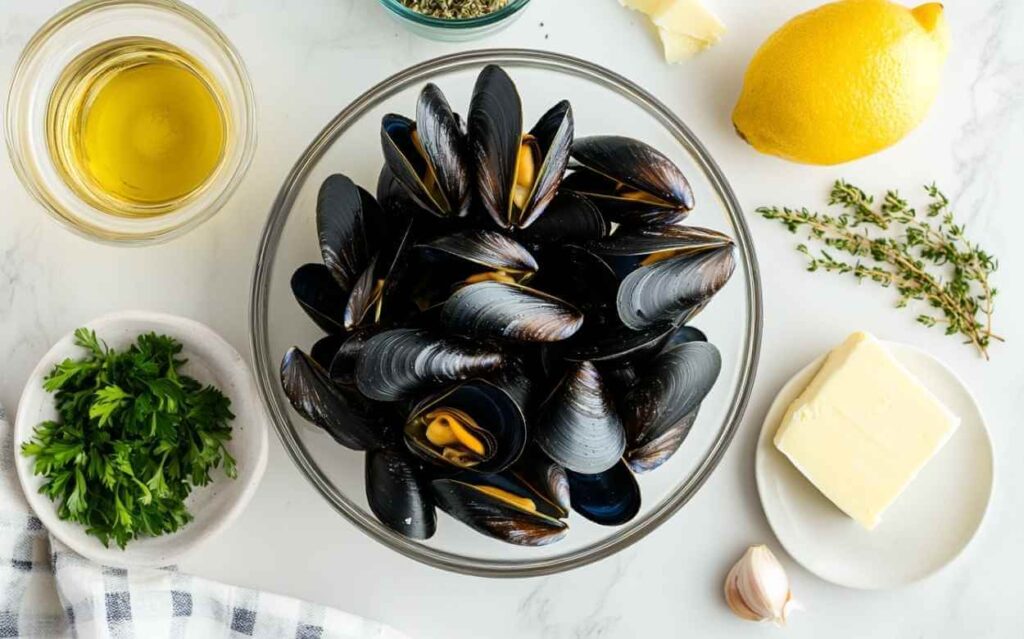 Bol en verre transparent rempli de moules fraîches non cuites entouré d’ingrédients pour moules marinières : beurre, citron, ail, persil, thym, huile d’olive, sur un plan de travail blanc.