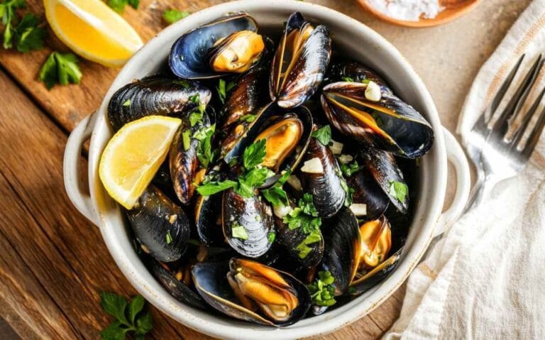 Bol blanc rempli de moules marinières garnies de persil frais et morceaux d’ail, accompagnées de quartiers de citron, posé sur une planche en bois avec une fourchette et une serviette à côté.